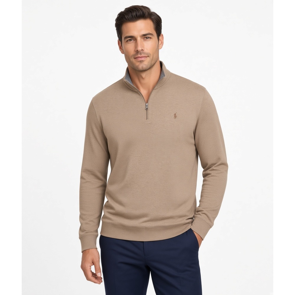 Polo Ralph Lauren Mens 1/4 Zip Sweater Brown Camel XXL Double Knit Embroidered